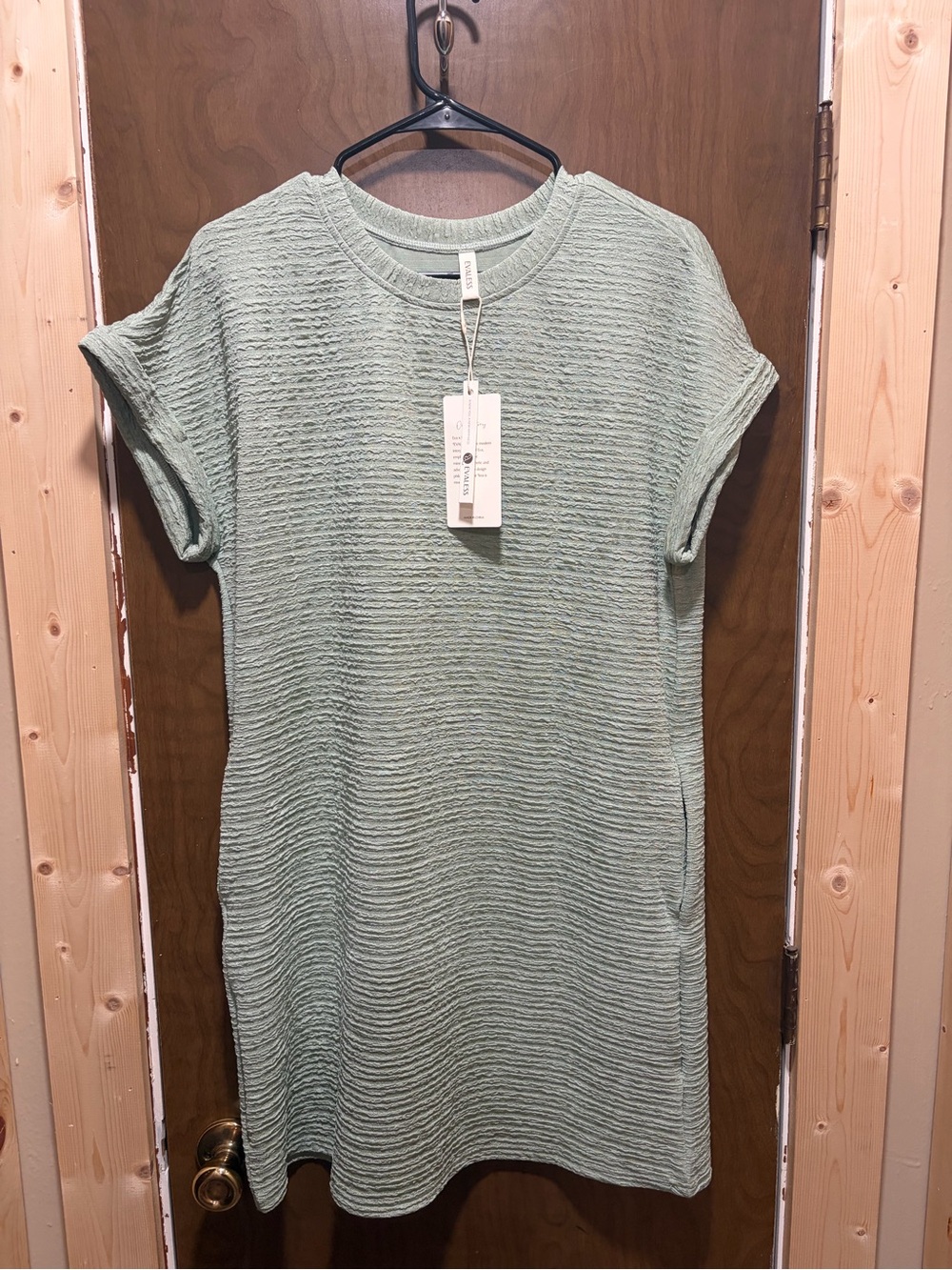Textured Sage Green Short Sleeve Shift Dress
